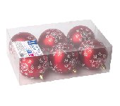 Шары елочные ЗОЛОТАЯ СКАЗКА, НАБОР 6 шт., пластик, 8 см, с белым рисунком, цвет красный