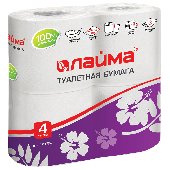 Бумага туалетная бытовая, спайка 4 шт., 3-х слойная (4х18 м), ЛАЙМА, белая, 128724