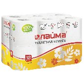 Бумага туалетная бытовая, спайка 12 шт., 2-х слойная (12х18 м), ЛАЙМА, белая, 128718