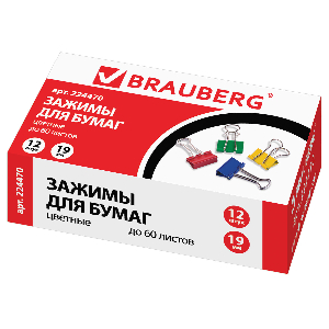 Зажимы для бумаг BRAUBERG, КОМПЛЕКТ 12 шт., 19 мм, на 60 листов, цветные, картонная коробка, 224470