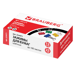 Зажимы для бумаг BRAUBERG, КОМПЛЕКТ 12 шт., 25 мм, на 100 листов, цветные, картонная коробка, 224471