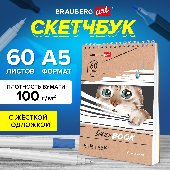 Скетчбук, белая бумага 100 г/м2, 140х201 мм, 60 л., гребень, жёсткая подложка, BRAUBERG ART, "Котик!, 115062