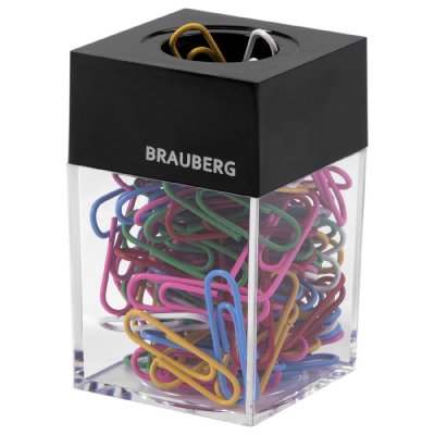 Скрепочница магнитная BRAUBERG, 100 цветных скрепок 28 мм, прозрачный корпус, 228401