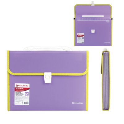 Портфель пластиковый BRAUBERG "Joy", А4 (330х245х35 мм), 13 отделений, с окантовкой, индексные ярлыки, фиолетовый, 227977