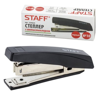 Степлер №10 STAFF, до 10 листов, с антистеплером, черный, 224625