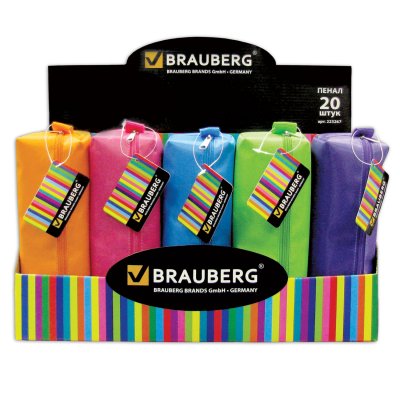 Пенал-косметичка BRAUBERG, 5 цветов, "Радуга", 20х6х4 см, дисплей, 223267