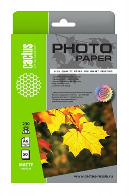 Фотобумага Cactus CS-MA623050, А6 (10x15), 230г/м2, матовая, для струйной печати, 50л., белая