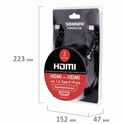 Кабель HDMI AM-AM, 3 м, SONNEN Premium, медь, для передачи аудио-видео, экранированный, 513131