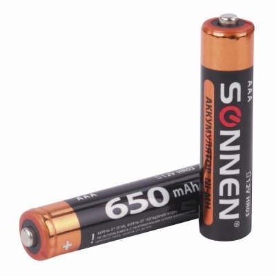 Батарейки аккумуляторные КОМПЛЕКТ 2 шт., SONNEN, AAA (HR03), Ni-Mh, 650 mAh, в блистере, 454236