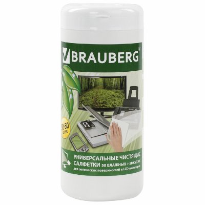 Чистящие салфетки BRAUBERG для LCD (ЖК)-мониторов, сухие и влажные в тубе, 50+50 шт., 510121