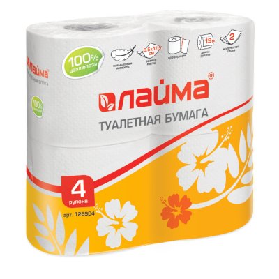 Бумага туалетная бытовая, спайка 4 шт., 2-х слойная (4х19 м), ЛАЙМА, белая, 126904