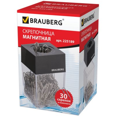 Скрепочница магнитная BRAUBERG с 30 скрепками, прозрачный корпус, 225189