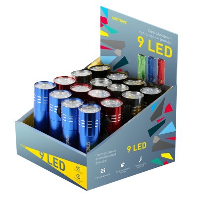 Фонарь Smartbuy display-box 24, светодиодный, алюминиевый, 9 LED, 3*ААА (не в комплекте), 283168, SBF-103-B