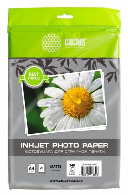 Фотобумага Cactus CS-MA414020ED, A4, 140г/м2, матовая, для струйной печати, 20л., белая