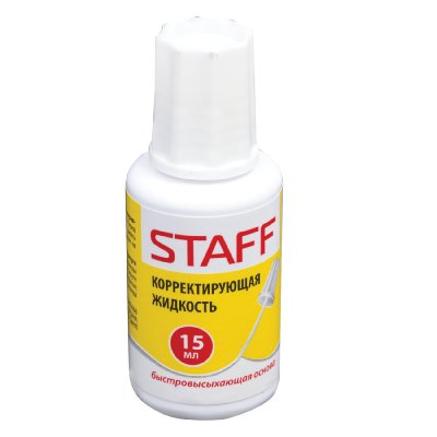 Корректирующая жидкость STAFF, быстросохнущая, 15 мл, с кисточкой, 226055