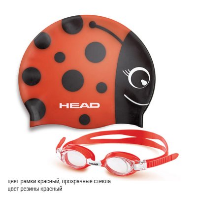 Комплект для плавания очки HEAD METEOR и шапочка, для детей, цв.рамки красный прозрачные стекла, цв.обт.красный божья коровка, 451020