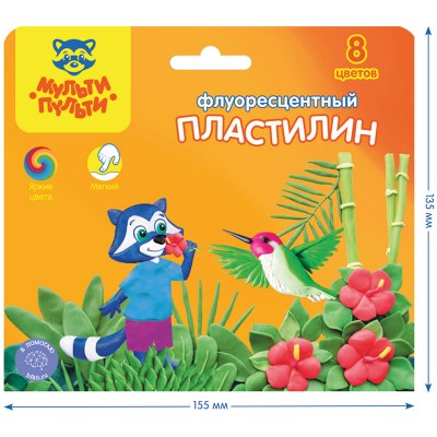 Пластилин Мульти-Пульти "Енот на острове Куба", 08 цветов, 120г, воск., флуор., стек, картон, европодвес, 243010