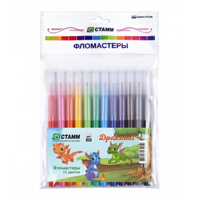 Фломастеры СТАММ "Драконы", 12цв., смываемые, пакет, европодвес, 323272
