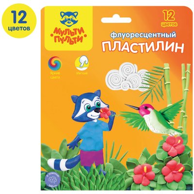 Пластилин Мульти-Пульти "Енот на острове Куба", 12 цветов, 180г, воск., флуор., стек, картон, европод., 243012