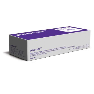Шприц 3-х компонентный PASCAL, 10 мл, КОМПЛЕКТ 100 шт., в коробке, игла 0,8х40 - 21G, 120508
