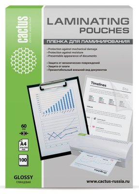 Пленка для ламинирования Cactus 60мкм A4 (100шт), глянцевая, 216x303мм, CS-LPGA460100