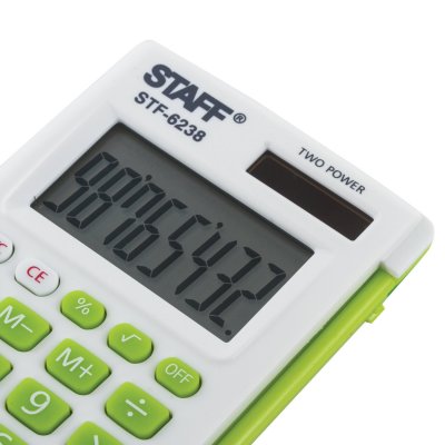 Калькулятор карманный STAFF STF-6238 (104х63 мм), 8 разядов, двойное питание, БЕЛЫЙ С ЗЕЛЁНЫМИ КНОПКАМИ, блистер, 250283