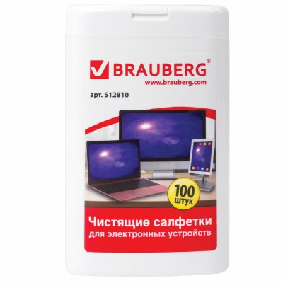 Чистящие салфетки для ноутбуков и оптических поверхностей BRAUBERG, компактная туба 100 шт., влажные, 512810