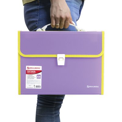 Портфель пластиковый BRAUBERG "Joy", А4 (330х245х35 мм), 13 отделений, с окантовкой, индексные ярлыки, фиолетовый, 227977
