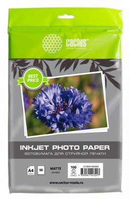 Фотобумага Cactus CS-MA410050ED, A4, 100г/м2, матовая, для струйной печати, 50л., белая