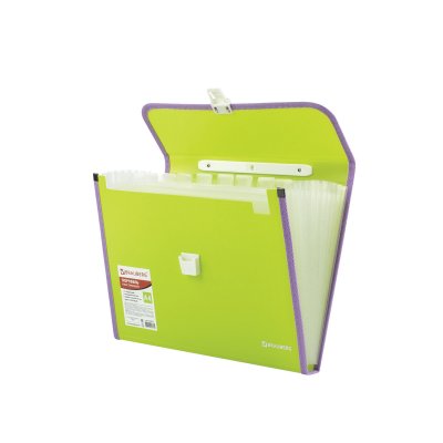 Портфель пластиковый BRAUBERG "Joy", А4 (330х245х35 мм), 13 отделений, с окантовкой, индексные ярлыки, салатовый, 227974