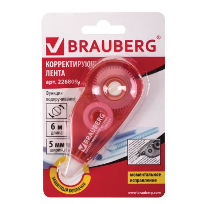 Корректирующая лента BRAUBERG, 5 мм х 6 м, корпус красный, с подкручиванием, блистер, 226809