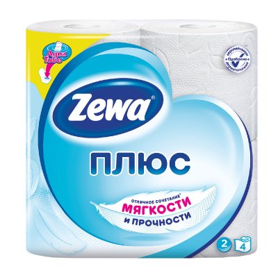 Бумага туалетная бытовая, спайка 4 шт., 2-х слойная (4х23 м), ZEWA Plus, белая, 144051