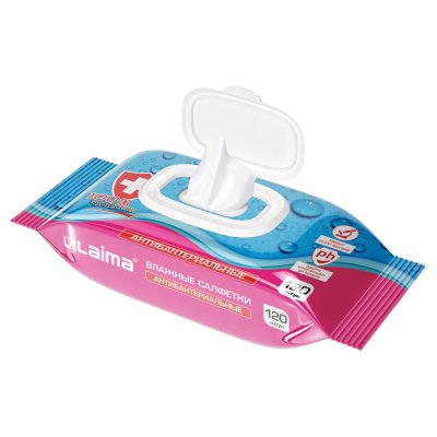 Салфетки влажные АНТИБАКТЕРИАЛЬНЫЕ 120 шт., LAIMA Antibacterial, крышка-клапан, 112497