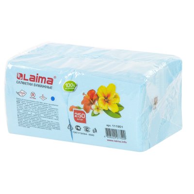 Салфетки бумажные 250 шт., 24х24 см, LAIMA/ЛАЙМА, синие (пастельный цвет), 100% целлюлоза, 111951