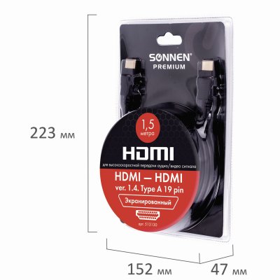 Кабель HDMI AM-AM, 1,5 м, SONNEN Premium, медь, для передачи аудио-видео, экранированный, 513130