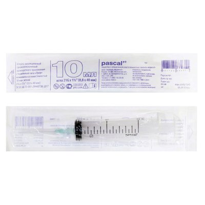 Шприц 3-х компонентный PASCAL, 10 мл, КОМПЛЕКТ 100 шт., в коробке, игла 0,8х40 - 21G, 120508