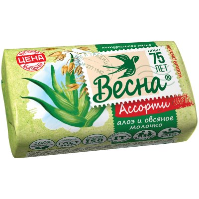 Мыло туалетное Весна "Алоэ и овсяное молочко", бумажная обертка, 90г, 260875, 6089