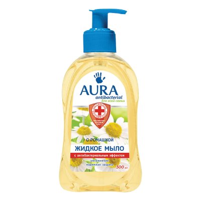 Мыло-крем жидкое, 300 мл, AURA "Antibacterial", антибактериальное, "Экстракт ромашки", дозатор, 6515
