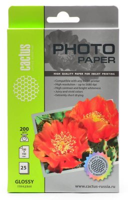 Фотобумага Cactus CS-GA620025, А6 (10x15), 200г/м2, глянцевая, для струйной печати, 25л., белая