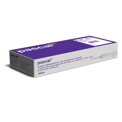 Шприц 3-х компонентный PASCAL, 3 мл, КОМПЛЕКТ 100 шт. в коробке, игла 0,6х30 - 23G, 120305