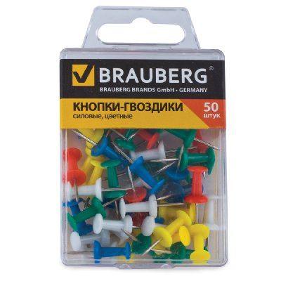 Силовые кнопки-гвоздики BRAUBERG, цветные, 50 шт., в пластиковой коробке, 221117