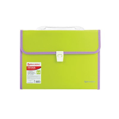 Портфель пластиковый BRAUBERG "Joy", А4 (330х245х35 мм), 13 отделений, с окантовкой, индексные ярлыки, салатовый, 227974