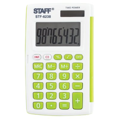 Калькулятор карманный STAFF STF-6238 (104х63 мм), 8 разядов, двойное питание, БЕЛЫЙ С ЗЕЛЁНЫМИ КНОПКАМИ, блистер, 250283