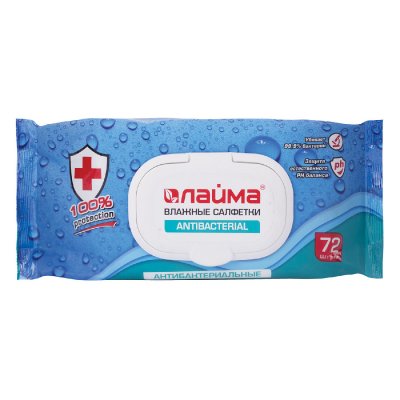 Салфетки влажные, 72 шт., ЛАЙМА Antibacterial, антибактериальные, клапан крышка, 129997