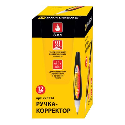 Ручка-корректор BRAUBERG, 8 мл, металлический наконечник, черный корпус, 225214