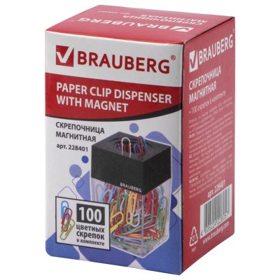 Скрепочница магнитная BRAUBERG, 100 цветных скрепок 28 мм, прозрачный корпус, 228401