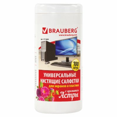 Чистящие салфетки BRAUBERG для экранов и пластика, с ароматом "АСТРА", в тубе 100 шт., влажные, 511689