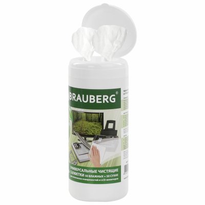 Чистящие салфетки BRAUBERG для LCD (ЖК)-мониторов, сухие и влажные в тубе, 50+50 шт., 510121