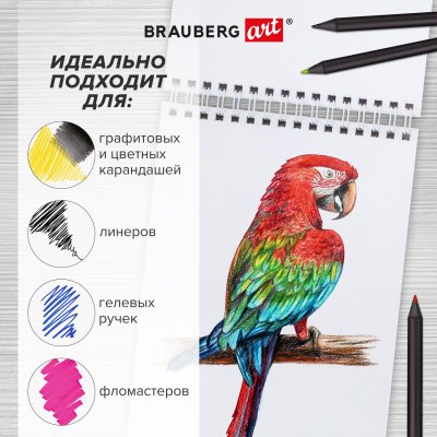 Скетчбук, белая бумага 100 г/м2, 140х201 мм, 60 л., гребень, подложка, BRAUBERG ART, "Порисуем", 115063