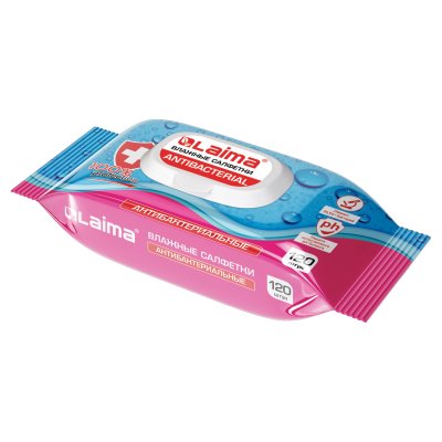 Салфетки влажные АНТИБАКТЕРИАЛЬНЫЕ 120 шт., LAIMA Antibacterial, крышка-клапан, 112497